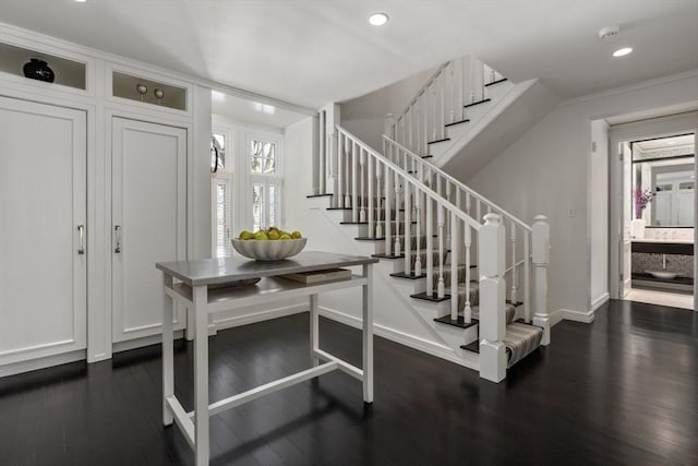 1014 Boylston St, Brookline, MA 02467 - entrance foyer featuring stairway, baseboards, dark wood-style floors, and recessed lighting