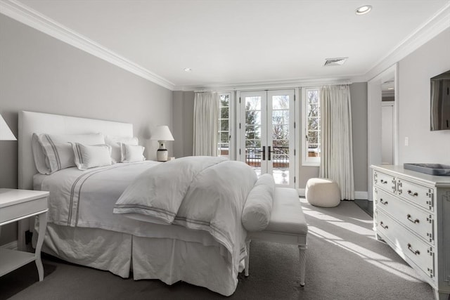 1014 Boylston St, Brookline, MA 02467 - carpeted bedroom with access to exterior, ornamental molding, french doors, recessed lighting, and baseboards