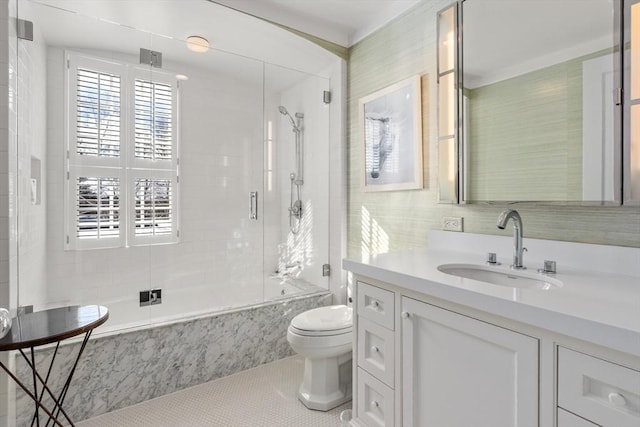 1014 Boylston St, Brookline, MA 02467 - full bath featuring tiled shower / bath combo, toilet, vanity, and tile patterned flooring