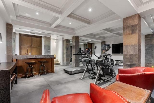 1014 Boylston St, Brookline, MA 02467 - workout room featuring coffered ceiling, ornamental molding, and decorative columns