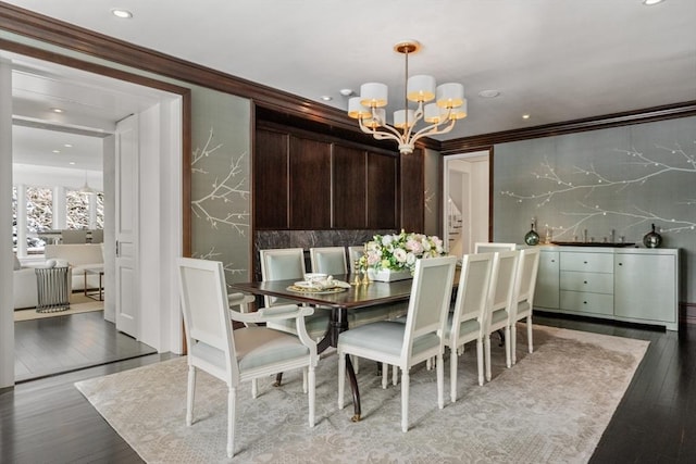 1014 Boylston St, Brookline, MA 02467 - dining space with a chandelier, ornamental molding, wood finished floors, recessed lighting, and stairway