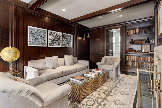 1014 Boylston St, Brookline, MA 02467 - living area featuring beam ceiling, wooden walls, and wood finished floors