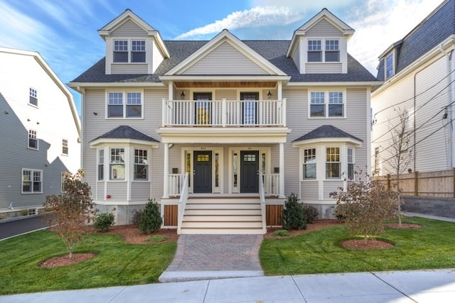 view of front facade featuring a balcony, a porch, and a front lawn