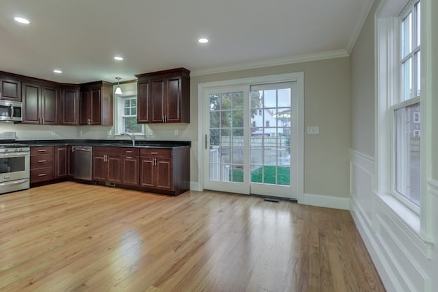 kitchen featuring light wood-type flooring, a wealth of natural light, and stainless steel appliances