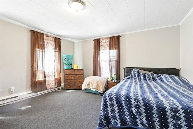 bedroom featuring carpet flooring and crown molding