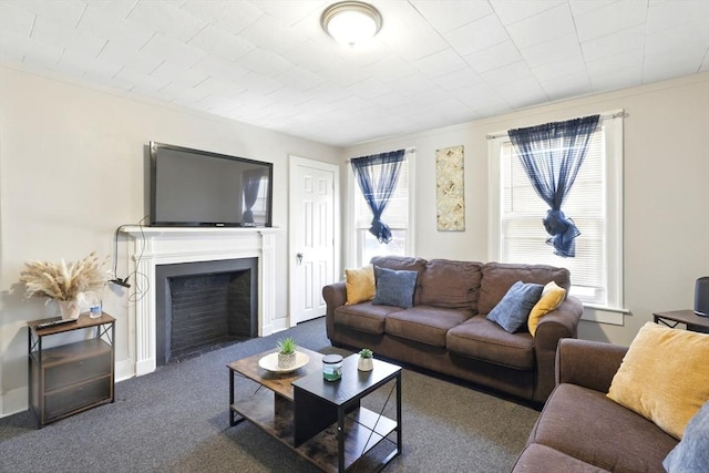 living room with a fireplace and dark colored carpet