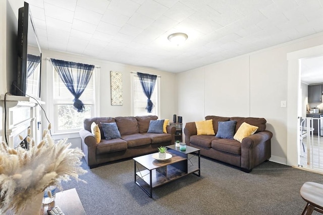 living room with ornamental molding and carpet flooring