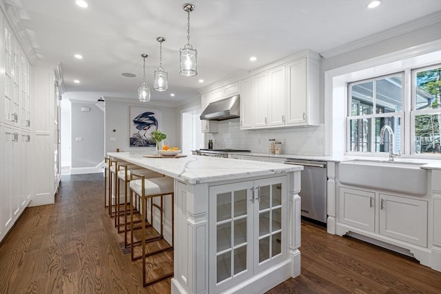 kitchen with white cabinetry, stainless steel dishwasher, a center island, and extractor fan