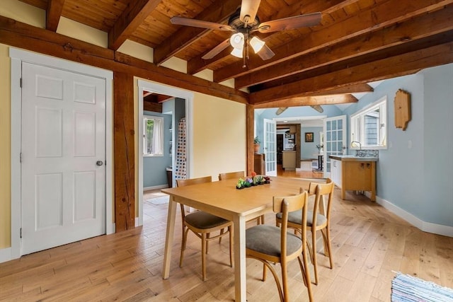 94 Kimball Rd, Amesbury, MA 01931 - dining area featuring a wooden ceiling with exposed beams, light wood-type flooring, and ceiling fan