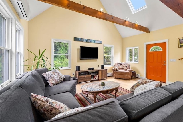 94 Kimball Rd, Amesbury, MA 01931 - living area featuring a skylight, beamed ceiling, healthy amount of natural light, wood finished floors, and baseboard heating