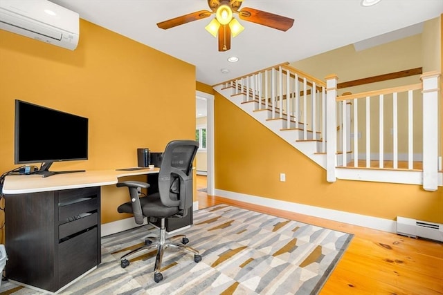 94 Kimball Rd, Amesbury, MA 01931 - home office with an AC wall unit, wood finished floors, a ceiling fan, recessed lighting, and baseboard heating