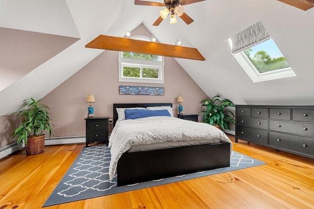 94 Kimball Rd, Amesbury, MA 01931 - bedroom featuring vaulted ceiling, wood finished floors, a skylight, and a baseboard radiator