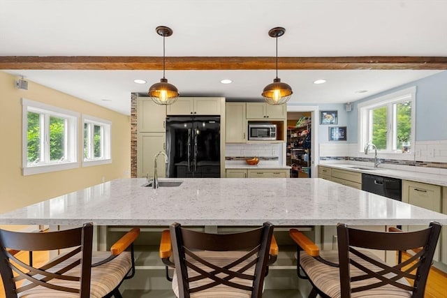 94 Kimball Rd, Amesbury, MA 01931 - kitchen featuring black appliances, beamed ceiling, backsplash, plenty of natural light, and recessed lighting