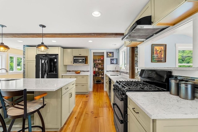 94 Kimball Rd, Amesbury, MA 01931 - kitchen featuring black appliances, beam ceiling, extractor fan, recessed lighting, and a kitchen breakfast bar