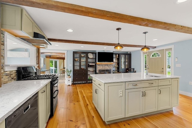 94 Kimball Rd, Amesbury, MA 01931 - kitchen with black appliances, light wood finished floors, beamed ceiling, backsplash, and hanging light fixtures
