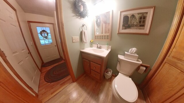 bathroom featuring toilet, vanity, and wood-type flooring