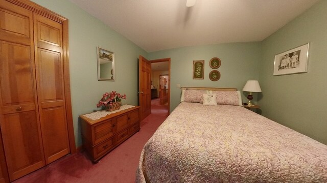 bedroom with a closet, carpet, and ceiling fan