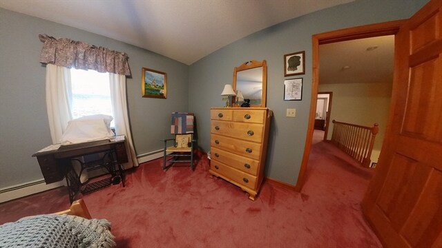 living area with lofted ceiling, baseboard heating, and carpet flooring