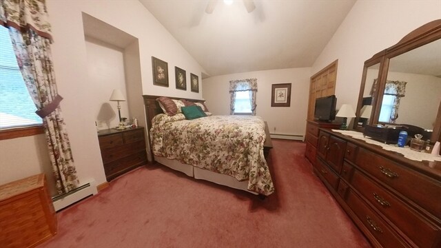 bedroom featuring ceiling fan, carpet floors, lofted ceiling, and a baseboard heating unit