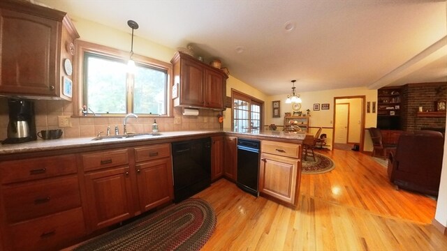 kitchen featuring dishwasher, pendant lighting, sink, and light wood-type flooring