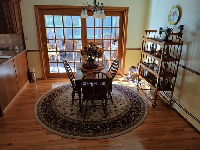 dining area featuring hardwood / wood-style floors and an inviting chandelier