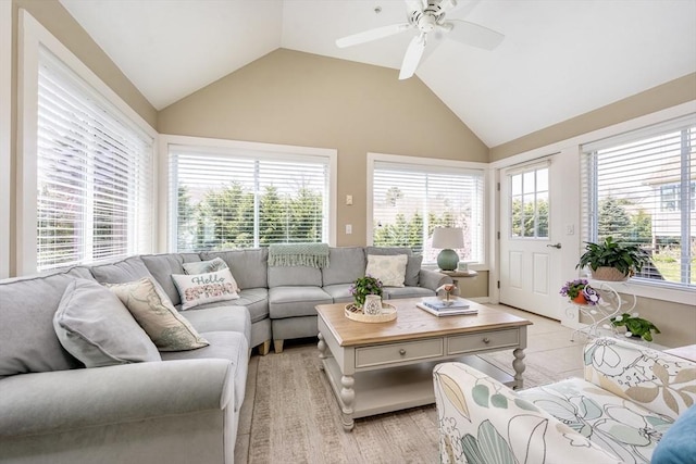 16 Twin Oaks Dr Unit 732, Mashpee, MA 02649 - living room featuring a ceiling fan, light wood finished floors, and lofted ceiling