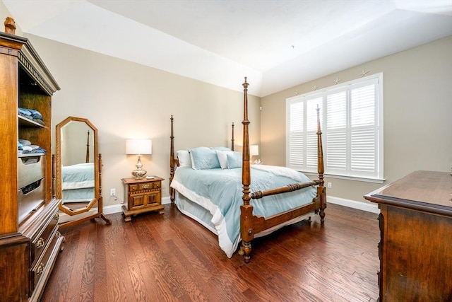 16 Twin Oaks Dr Unit 732, Mashpee, MA 02649 - bedroom featuring baseboards, lofted ceiling, and dark wood-type flooring