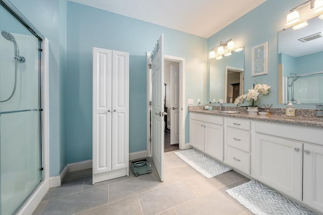 16 Twin Oaks Dr Unit 732, Mashpee, MA 02649 - bathroom with double vanity, tile patterned floors, baseboards, a shower stall, and visible vents