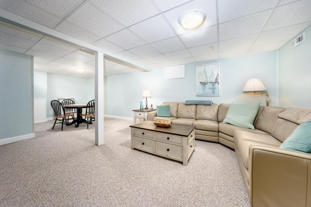 16 Twin Oaks Dr Unit 732, Mashpee, MA 02649 - living room featuring baseboards, light carpet, a paneled ceiling, and visible vents