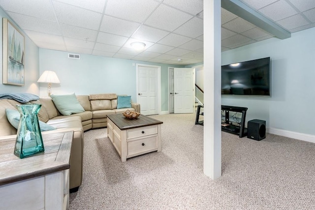 16 Twin Oaks Dr Unit 732, Mashpee, MA 02649 - living room with visible vents, stairs, light carpet, baseboards, and a paneled ceiling