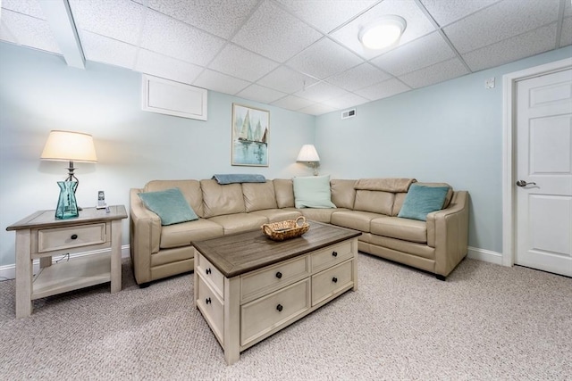 16 Twin Oaks Dr Unit 732, Mashpee, MA 02649 - living area featuring baseboards, light colored carpet, a drop ceiling, and visible vents