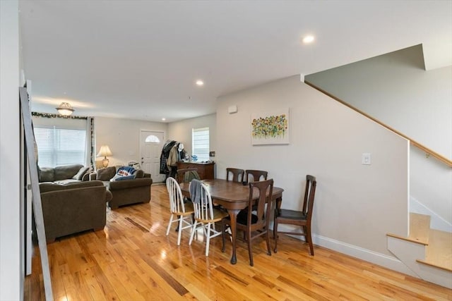 54 Primrose St Unit 3, Haverhill, MA 01830 - dining area featuring light wood-type flooring, recessed lighting, baseboards, and stairway