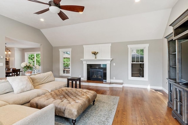 3 Chad Ln, Sterling, MA 01564 - living room with vaulted ceiling, wood finished floors, a ceiling fan, baseboards, and recessed lighting