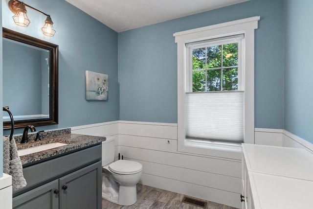 3 Chad Ln, Sterling, MA 01564 - bathroom featuring vanity, toilet, wood finished floors, and a wainscoted wall