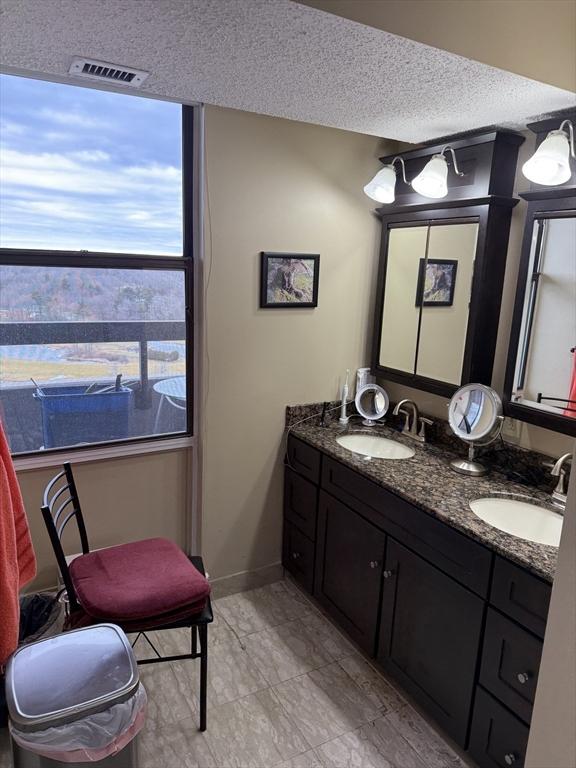 bathroom with vanity and a textured ceiling