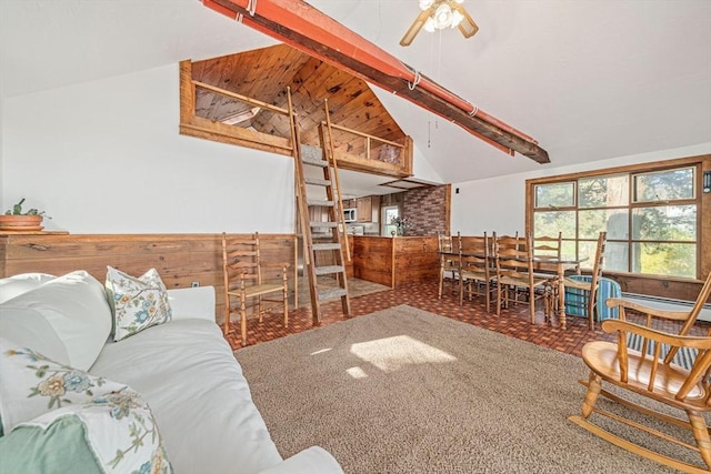 carpeted living area featuring ceiling fan, high vaulted ceiling, and wooden ceiling