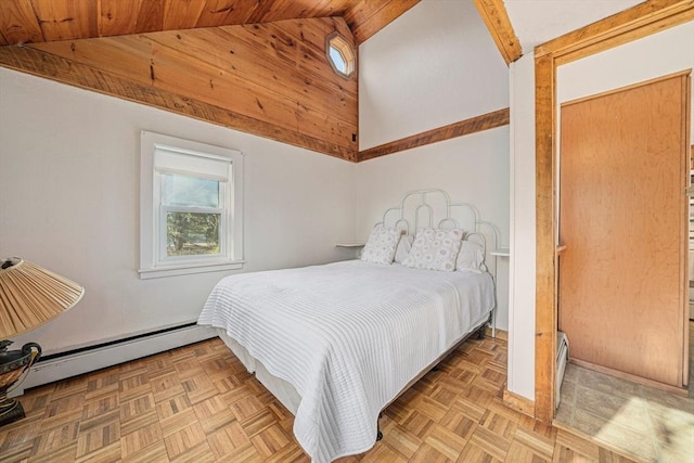 bedroom with a baseboard radiator, high vaulted ceiling, and wooden ceiling