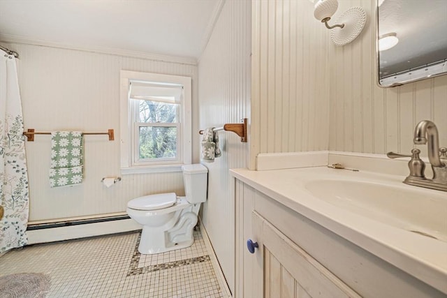full bath featuring a baseboard heating unit, toilet, ornamental molding, vanity, and tile patterned flooring