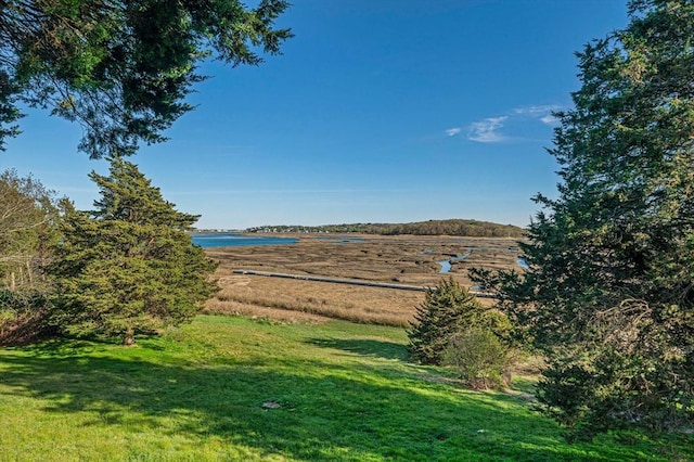view of grassy yard featuring a water view