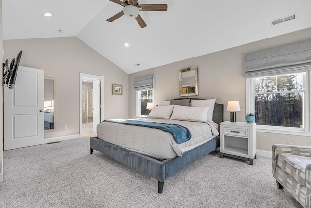 bedroom featuring visible vents, baseboards, lofted ceiling, ceiling fan, and carpet