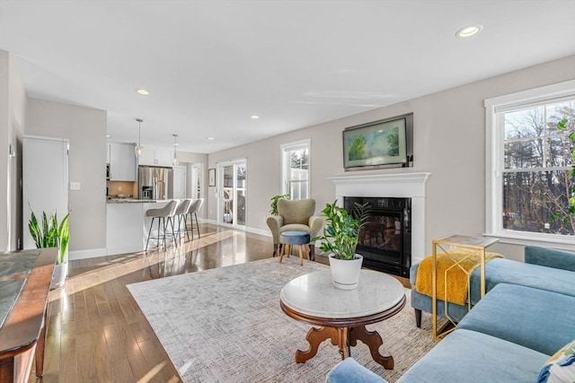 living area featuring a glass covered fireplace, baseboards, plenty of natural light, and hardwood / wood-style floors