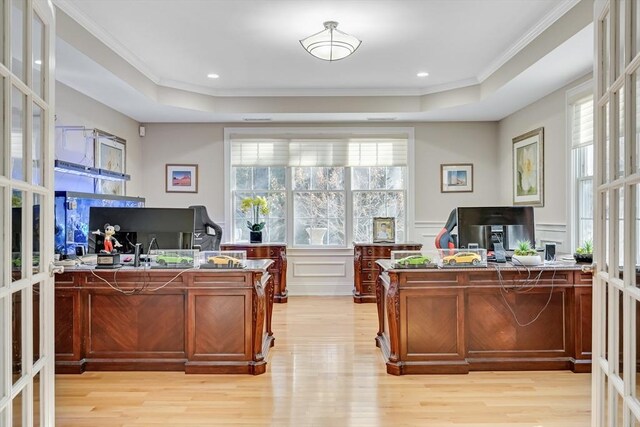 42 Westerly Rd, Weston, MA 02493 - office space featuring french doors, light wood-type flooring, a raised ceiling, a decorative wall, and wainscoting