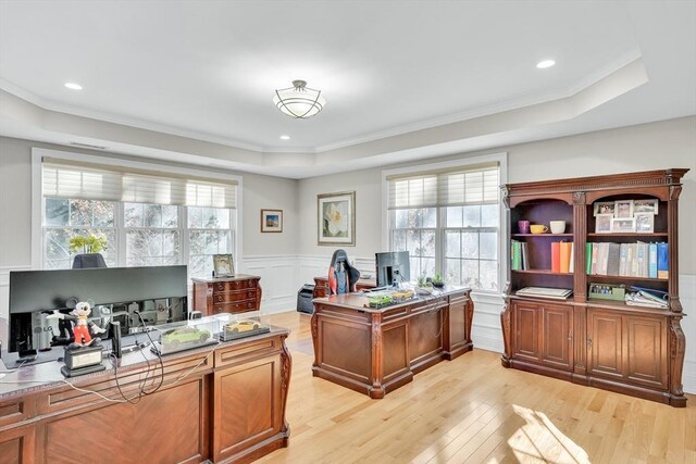 42 Westerly Rd, Weston, MA 02493 - office featuring a raised ceiling, light wood-style floors, a wainscoted wall, crown molding, and recessed lighting