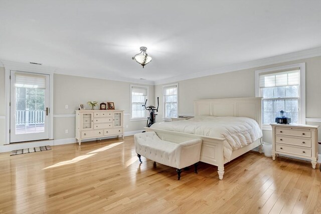 42 Westerly Rd, Weston, MA 02493 - bedroom with light wood-style floors, crown molding, access to outside, and baseboards