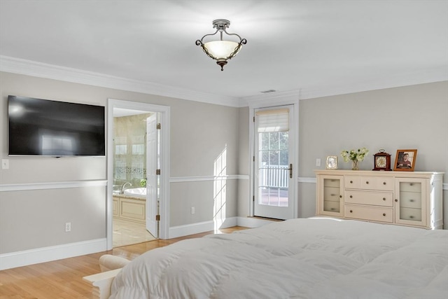 42 Westerly Rd, Weston, MA 02493 - bedroom featuring wood finished floors, ornamental molding, baseboards, access to exterior, and ensuite bathroom