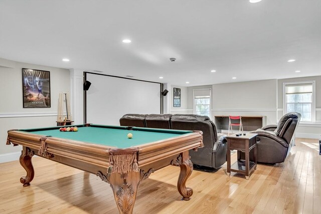 42 Westerly Rd, Weston, MA 02493 - recreation room with light wood-style floors, pool table, healthy amount of natural light, baseboards, and recessed lighting