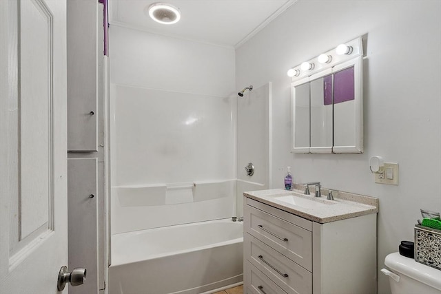 bathroom with shower / bath combination, vanity, ornamental molding, and toilet