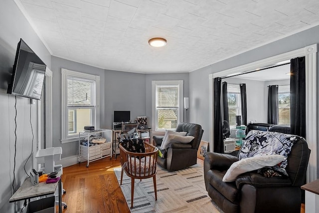 living area featuring light wood-type flooring, baseboards, and a wealth of natural light