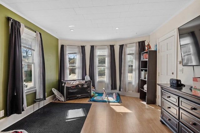 workout area featuring light wood-style flooring, a wealth of natural light, and crown molding