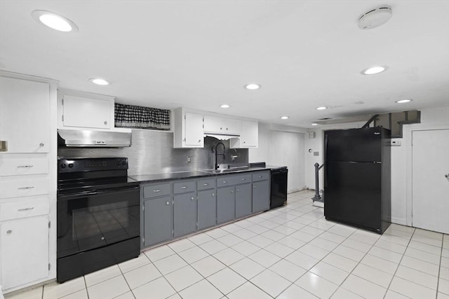 kitchen with black appliances, white cabinetry, sink, backsplash, and gray cabinets